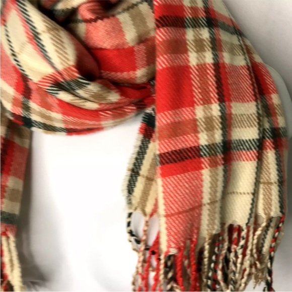 J.Crew Factory Scarf Long Plaid Shawl Wrap Fringe Tan Orange 74 x 24 - Picture 8 of 10